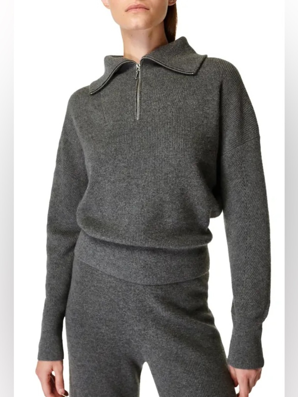 SWEATY BETTY 100% Cashmere Relaxed Fit Half Zip Pullover In Pumice Grey Size M